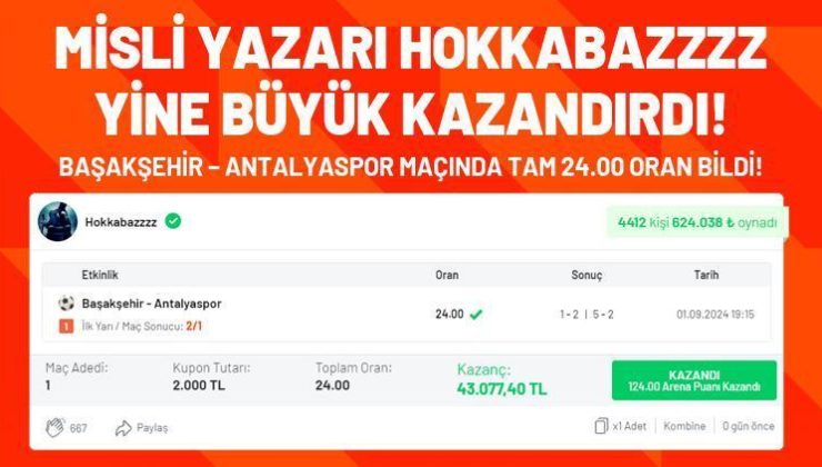 Misli yazarı Hokkabazzz iddaa’da yine İY2/MS1 bildi! 4412 kişiye kazandırdı…