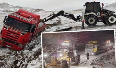 Kar fırtınasında mahsur kalan TIR’lar iş makineleriyle kurtarıldı