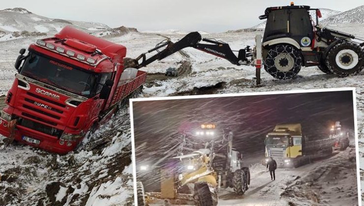 Kar fırtınasında mahsur kalan TIR’lar iş makineleriyle kurtarıldı